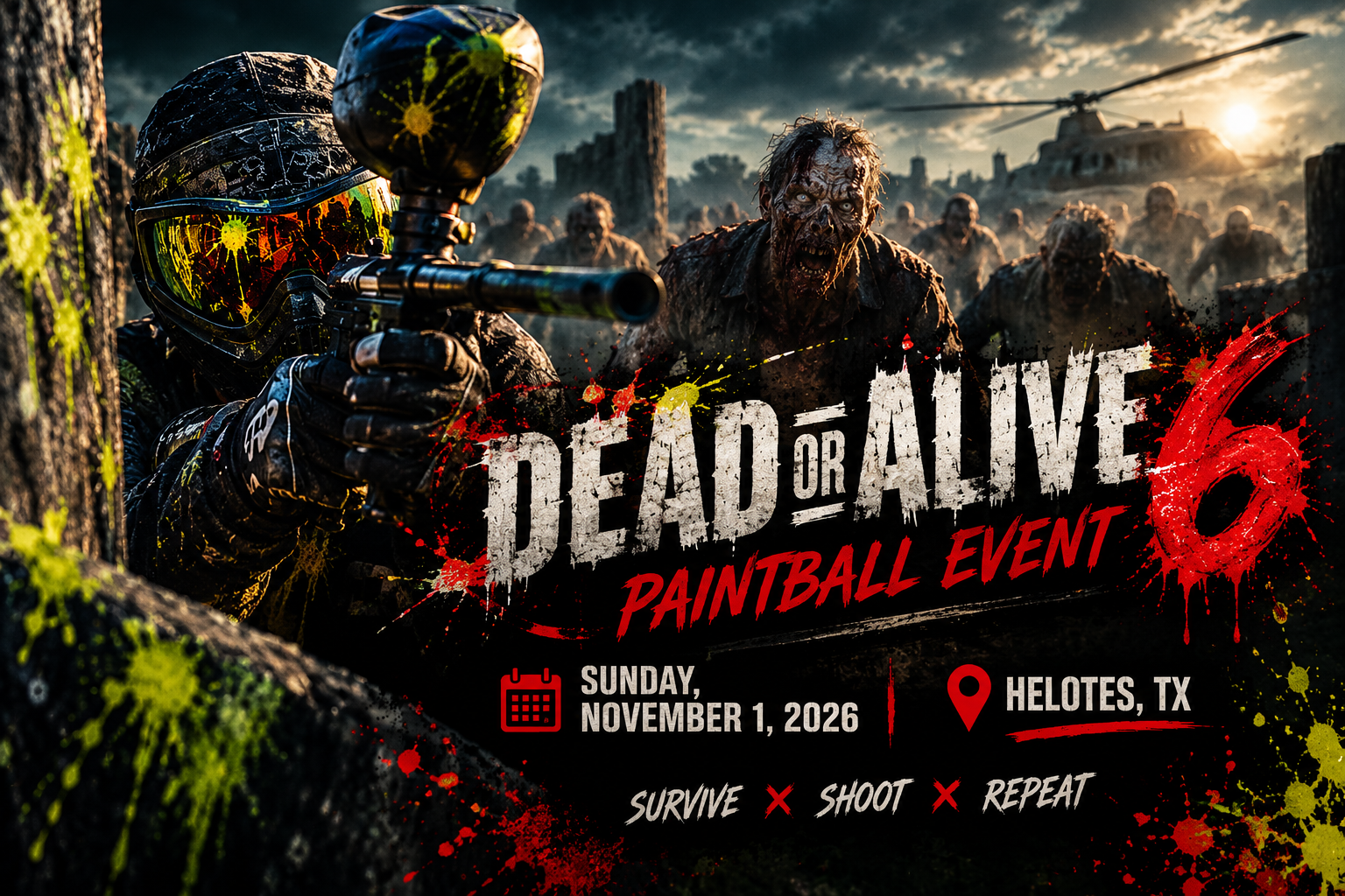 Dead or Alive 6 zombie-themed scenario paintball event in Helotes, Texas, on November 1, 2026